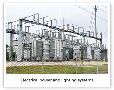 electrical power and lighting systems including transformer substations and emergency power generators